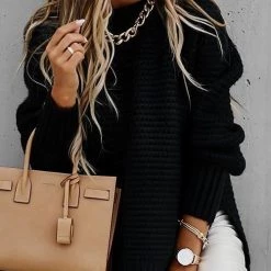 Levency New In High Neck Side Slit Sweater