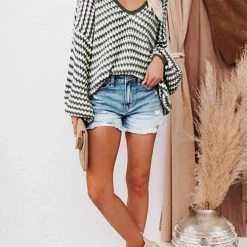 Levency Oversized Stripe V Neck Puff Sleeve Sweater