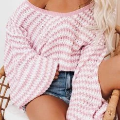 Levency Oversized Stripe V Neck Puff Sleeve Sweater