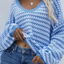 Levency Oversized Stripe V Neck Puff Sleeve Sweater
