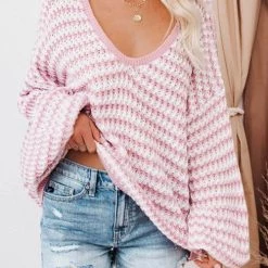 Levency Oversized Stripe V Neck Puff Sleeve Sweater