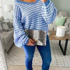 Levency Oversized Stripe V Neck Puff Sleeve Sweater