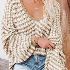 Levency Oversized Stripe V Neck Puff Sleeve Sweater