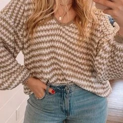 Levency Oversized Stripe V Neck Puff Sleeve Sweater