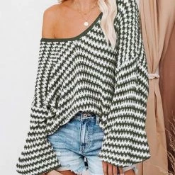 Levency Oversized Stripe V Neck Puff Sleeve Sweater