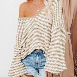 Levency Oversized Stripe V Neck Puff Sleeve Sweater