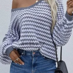 Levency Oversized Stripe V Neck Puff Sleeve Sweater