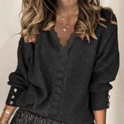 Levency New In Lace V Neck Knit Button Sweater