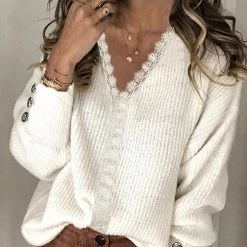 Levency New In Lace V Neck Knit Button Sweater