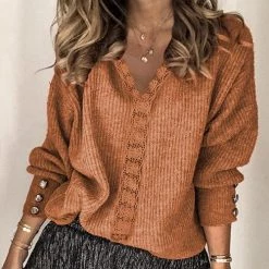 Levency New In Lace V Neck Knit Button Sweater