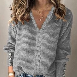 Levency New In Lace V Neck Knit Button Sweater