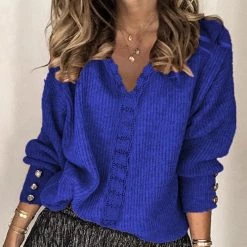 Levency New In Lace V Neck Knit Button Sweater