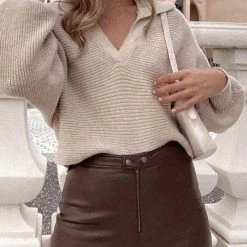 Levency Lapel V Neck Sweater New In