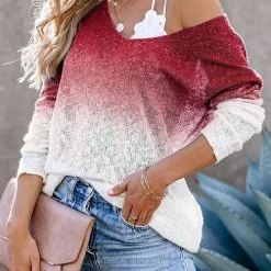 Levency New In Ombre V Neck Loose Sweater