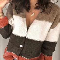 Levency New In V Neck Button Color Block Cardigan