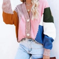 Levency New In Color Block Button Cardigan