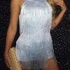 Levency New In Halter Neck Open Back Tassel Hem Romper