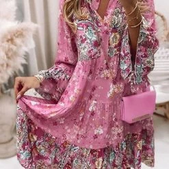 Levency Boho Print V Neck Long Sleeve Dress New In