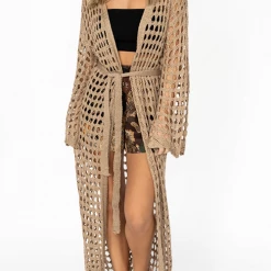 Levency Knitted Pierced Solid Color Beach Coat