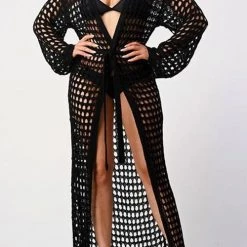 Levency Knitted Pierced Solid Color Beach Coat