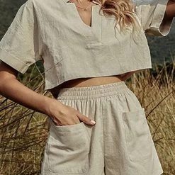 Levency New In V Neck Crop Blouse Pockets Shorts Set