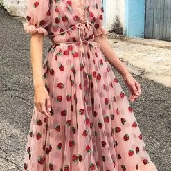 Levency Sequin Strawberry Short Sleeve Ruffles Midi Dress New In