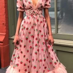 Levency Sequin Strawberry Short Sleeve Ruffles Midi Dress New In