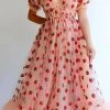 Levency Sequin Strawberry Short Sleeve Ruffles Midi Dress New In