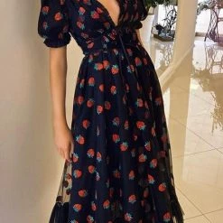 Levency Sequin Strawberry Short Sleeve Ruffles Midi Dress New In