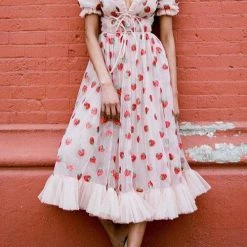 Levency Sequin Strawberry Short Sleeve Ruffles Midi Dress New In