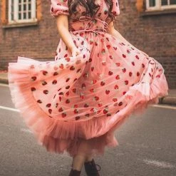 Levency Sequin Strawberry Short Sleeve Ruffles Midi Dress New In