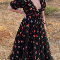 Levency Sequin Strawberry Short Sleeve Ruffles Midi Dress New In