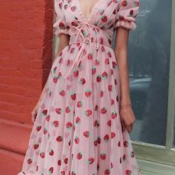 Levency Sequin Strawberry Short Sleeve Ruffles Midi Dress New In