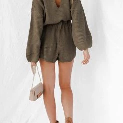 Levency O Neck Puff Long Drawstring Sweater Romper