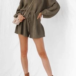 Levency O Neck Puff Long Drawstring Sweater Romper