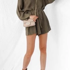 Levency O Neck Puff Long Drawstring Sweater Romper