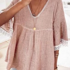 Levency New In Lace Hem V Neck Loose Blouse