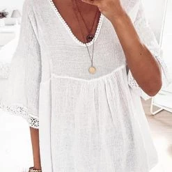 Levency New In Lace Hem V Neck Loose Blouse