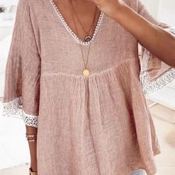 Levency New In Lace Hem V Neck Loose Blouse