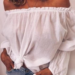 Levency Off Shoulder Long Sleeve Loose Blouse