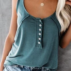 Levency Button U Neck Sleevelss T Shirt New In