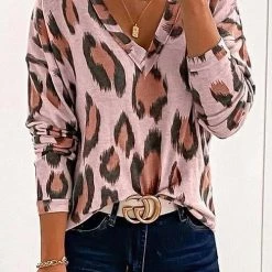 Levency Leopard V Neck Long Sleeve T Shirt