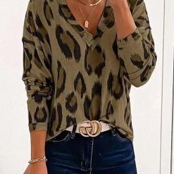 Levency Leopard V Neck Long Sleeve T Shirt