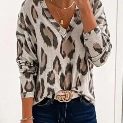 Levency Leopard V Neck Long Sleeve T Shirt