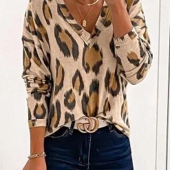 Levency Leopard V Neck Long Sleeve T Shirt