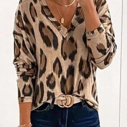 Levency Leopard V Neck Long Sleeve T Shirt
