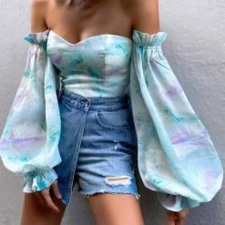 Levency Floral Puff Sleeve Off Shoulder Blouse New In