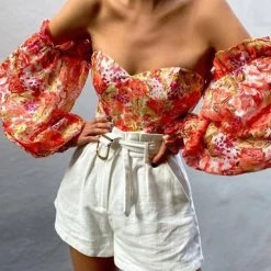 Levency Floral Puff Sleeve Off Shoulder Blouse New In