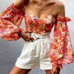 Levency Floral Puff Sleeve Off Shoulder Blouse New In