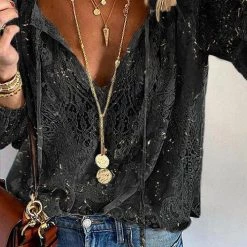 Levency Lace Loose Long Sleeve Blouse